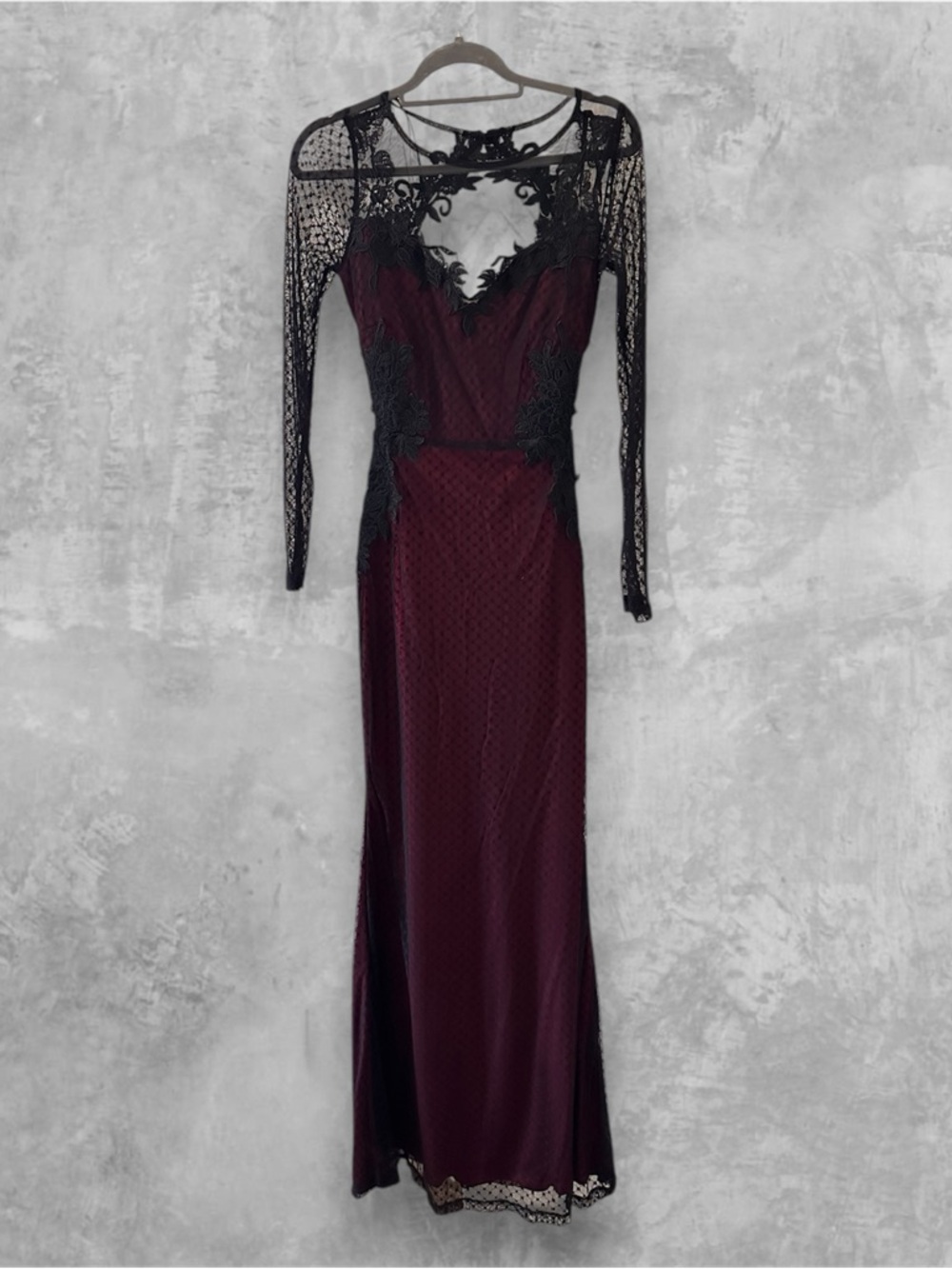 Windsor Long Burgundy Lace-Trim Evening Dress